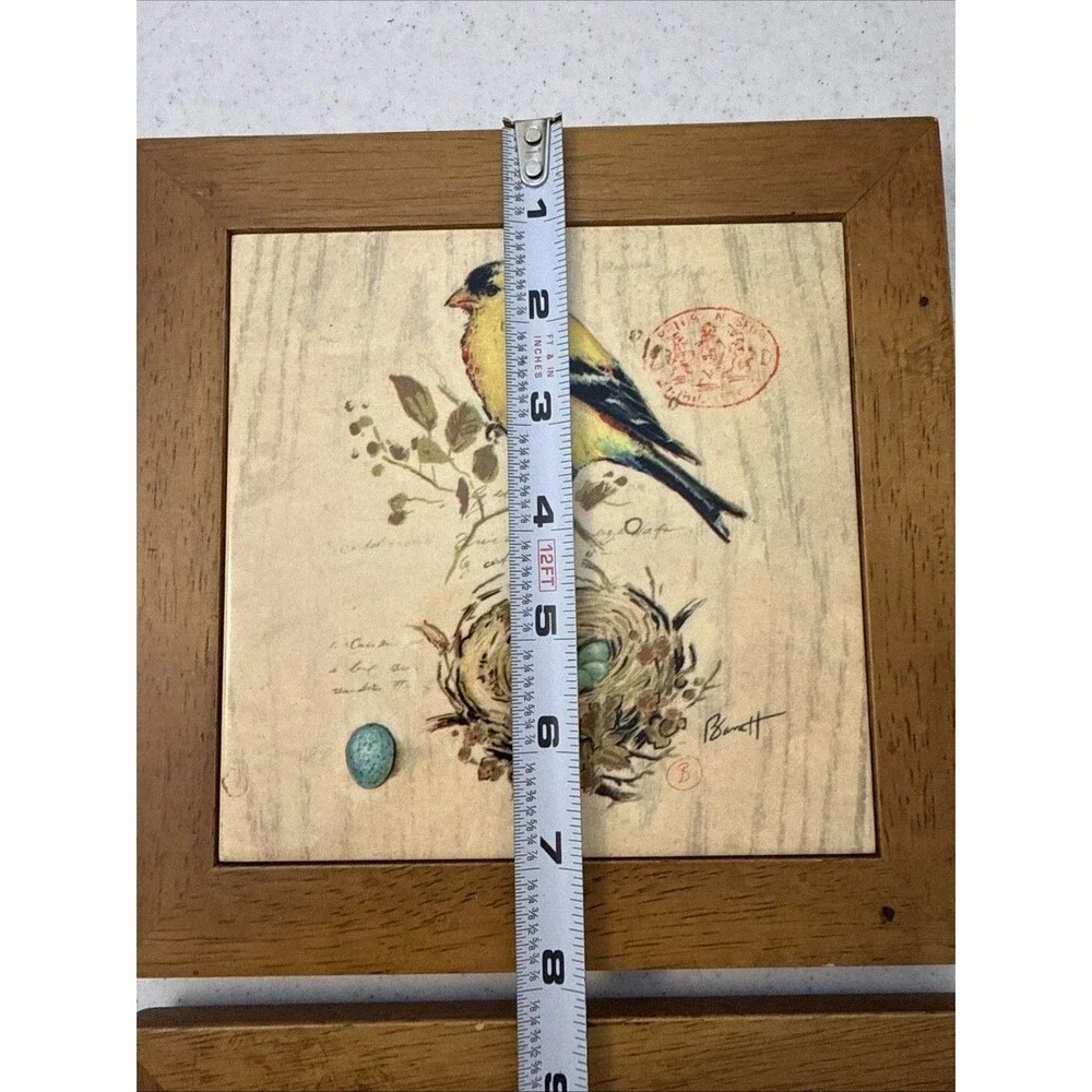 VTG Gilded Songbird 4 Chad Barrett  Art Tile Framed In Wood 8x8x .5”D Wall Decor
